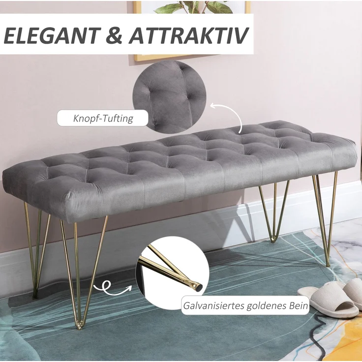 CHICFURN Bettbank 116x49x44,5 cm mit Samtbezug und Eisenrahmen – Grau – Bild 4