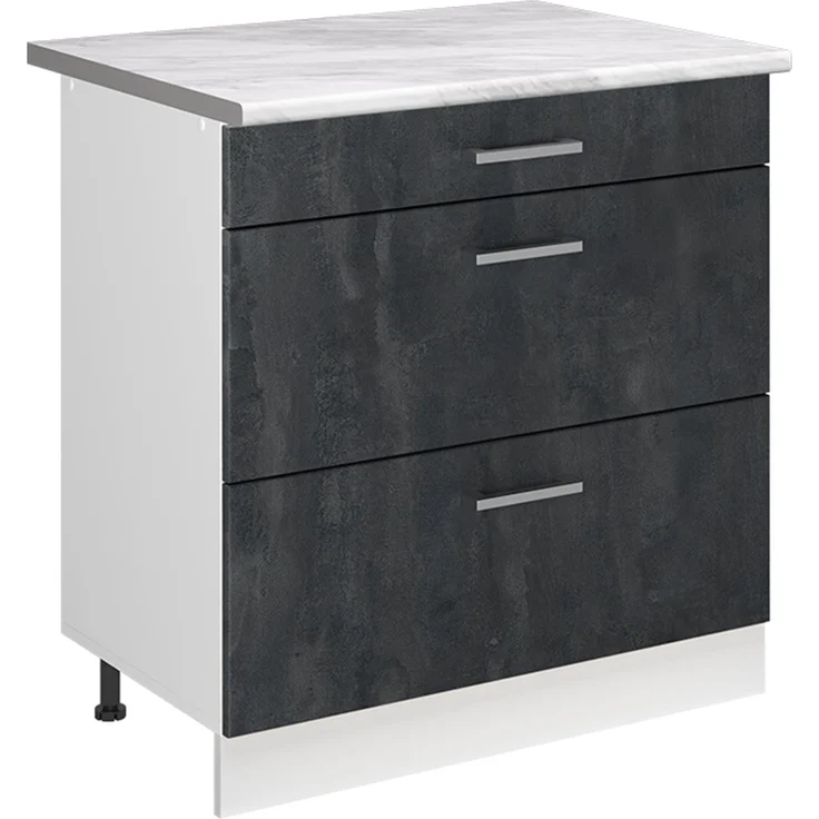 Küchenunterschrank R-Line Schwarz Beton/Weiß 80 cm mit 3 Schubladen Arbeitsplatte Marmor Vicco – Bild 1