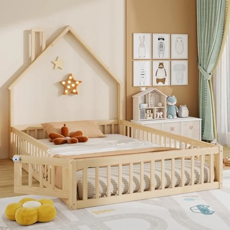 Ball & Cast Bodenbett (140x200 cm), Jugendbett und Hausbett mit Schornsteinform, Kinderbett 90x200 mit rausfallschutz, ohne Matratze, Natürlich – Bild 5