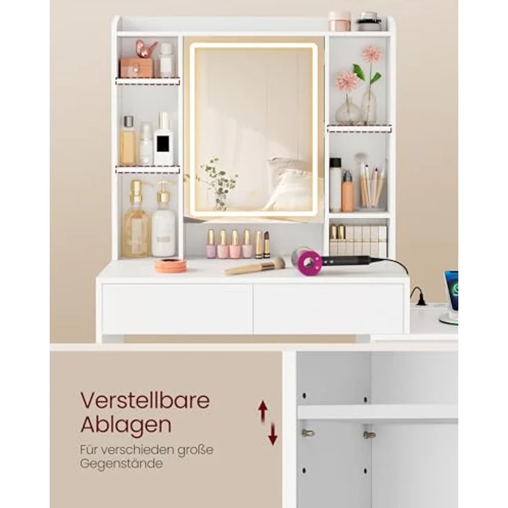 VASAGLE Kailyn Kollektion - Schminktisch mit LED-Beleuchtung, Frisiertisch mit Steckdosenleiste, Spiegel, Kosmetiktisch mit verstellbaren Ablagen, modern, 40 x 105 x 145 cm, wolkenweiß RDT144WB01 – Bild 7