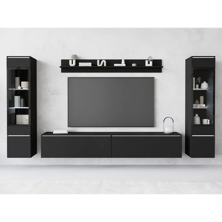 Wohnwand Doppo II, Wandregal, TV-Lowboard, 2x Hängevitrine, LED Beleuchtung (Farbe: Schwarzer Graphit) – Bild 4