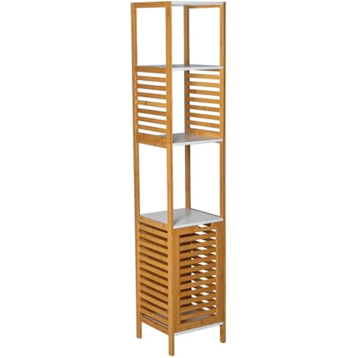 DRW Badezimmerregal aus Holz mit Korb und 4 Einlegeböden, Weiß und Natur, 30 x 30 x 155 cm – Bild 1