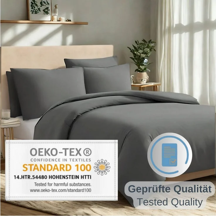 Komfortec Premium Bettwäsche 200x200 mit 2 Kissenbezug 40x80 cm Set aus Gebürstetes Mikrofaser - Anthrazit – Bild 2