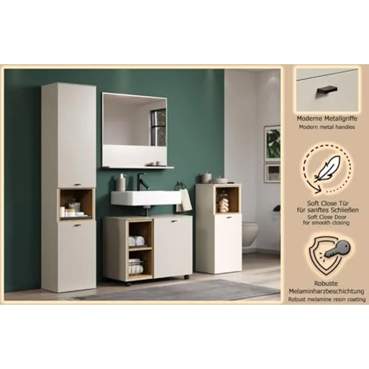 trendteam smart living - Sao Paulo - Badmöbel-Set - Kashmir (Beige)/Evoke Eiche - Hochschrank, Waschbeckenunterschrank Rollen, Wandspiegel, Badschrank - (BxHxT) 180 x 186 x 42 cm - Soft-Close-Funktion – Bild 5