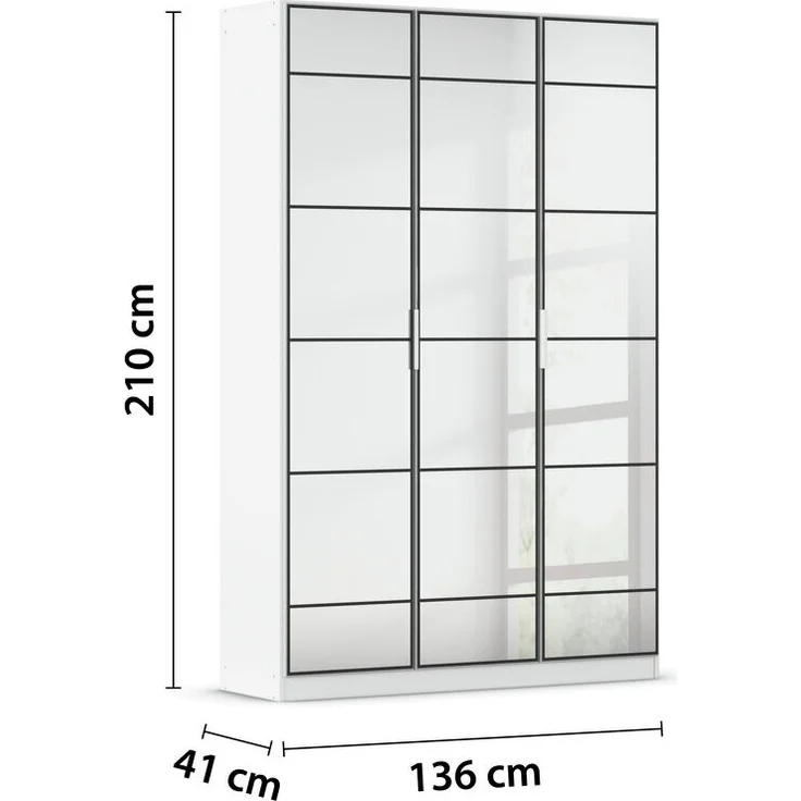 rauch Acero, Garderobenschrank in moderner Loft-Optik, 3-türig, 3 Glastüren, mit 8 Einlegeböden, Farbe Weiß, BxHxT 136x210x41cm – Bild 4