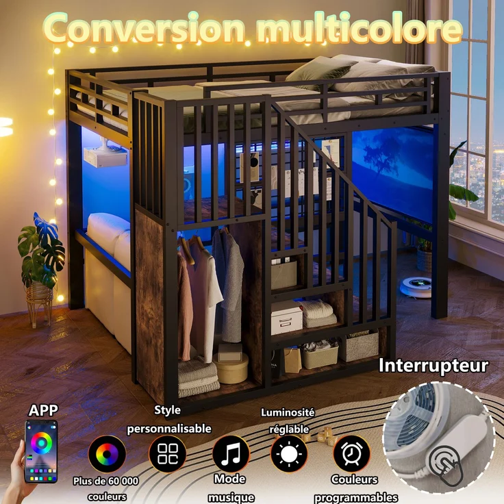 U-life Hochbett 140x200 cm, fürs Schlafzimmer, Eisenbett, Aufbewahrungstreppe, Gitter, Aufhängestange, MDF, Schwarz – Bild 9
