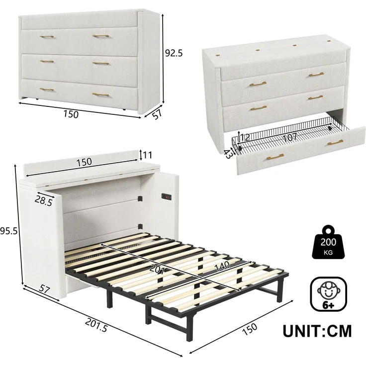 Schrankbett, 140 x 200, Mit einer Schublade,Mobiles Schrankbett mit Ablagefach am Bett, mit USB- und Typ-C-Anschlüssen, Umbaubares Plattformbett, Ohne Matratze,Leinen, Beige – Bild 9