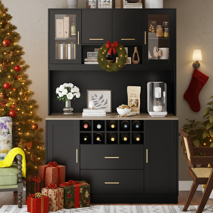 EINHOM Seitenschrank, Aufbewahrungsschrank, Küchenschrank, Anrichte, 120 x 36, 3 x 180 cm, mit LED-Beleuchtung und Steckdose, Sechs Türen, Zwei große Schubladen, Schwarz/weiß, Schwarz – Bild 3