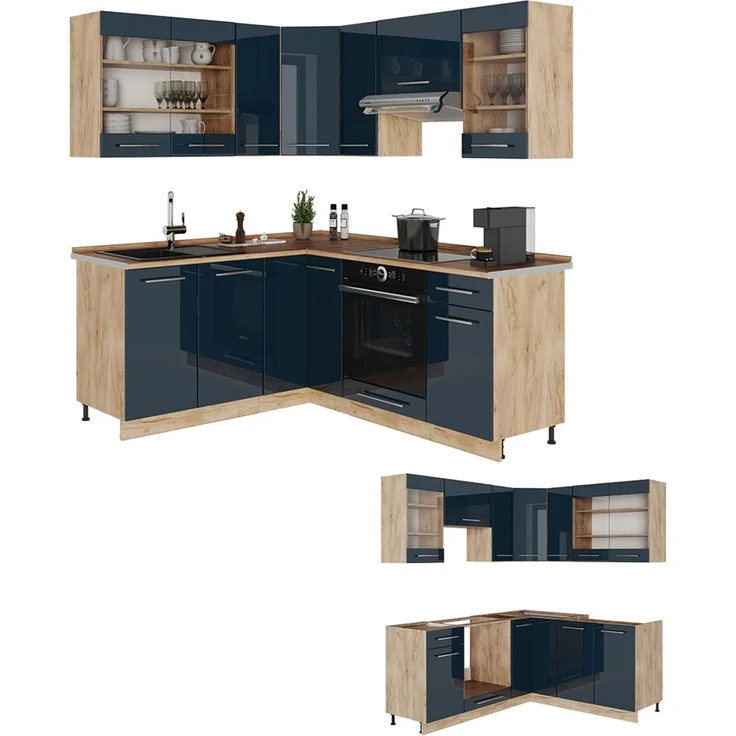 Küchenzeile Fame-Line Dunkelblau Hochglanz/Goldkraft Eiche 190 x 160 cm, AP Eiche Vicco – Bild 6