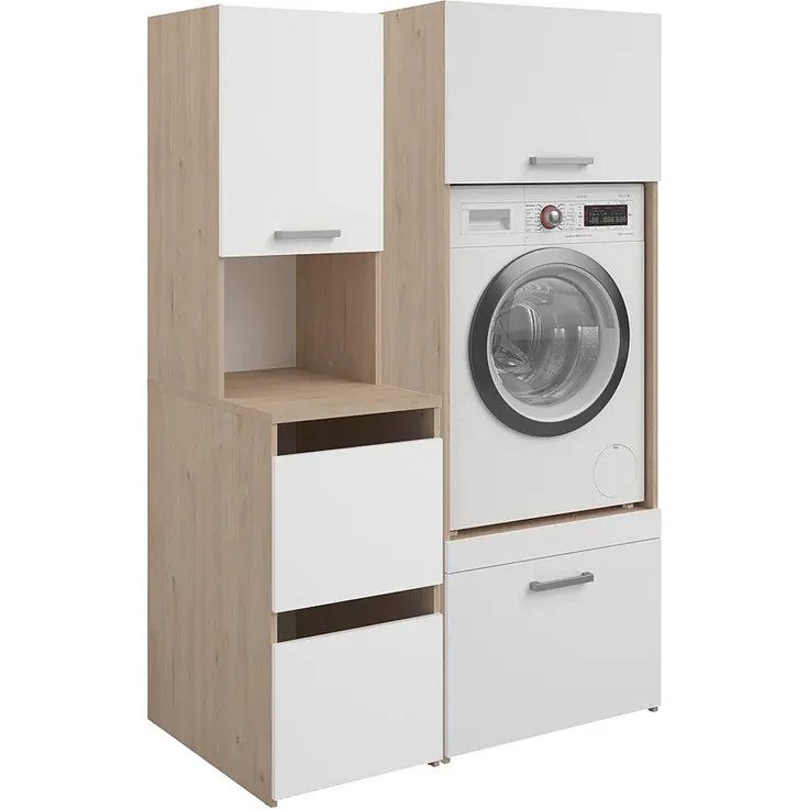Vente-unique - Möbel für Waschmaschine mit Schränken – Hell-Natur und Weiß – B111 x H184 cm – ERKANO
