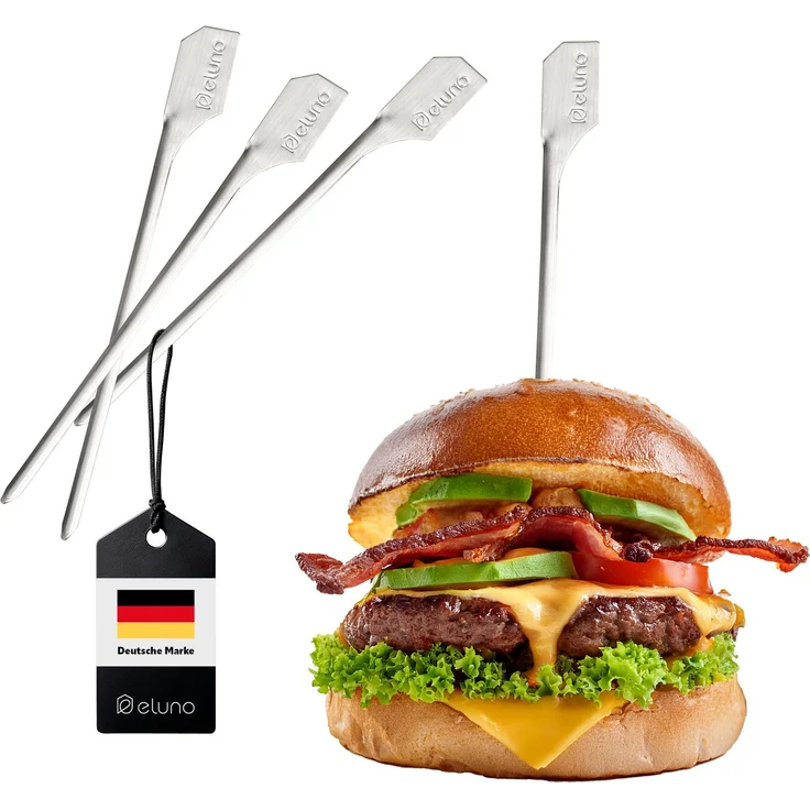 Burger-Spieße 4er Set - 19 cm Länge - geeignet für Burger Sandwiches, Schaschlik und Früchte, aus hochwertigem Edelstahl – Bild 1