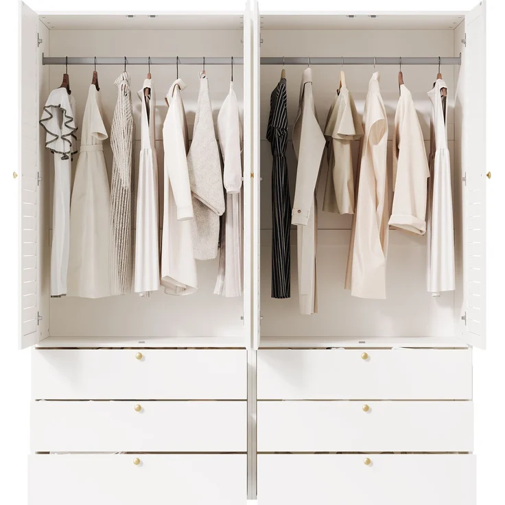 CHICFURN Kleiderschrank 180x200x50 cm mit 4 Lamellentüren, 6 Schubladen und 2 Kleiderstangen Weiß – Bild 7