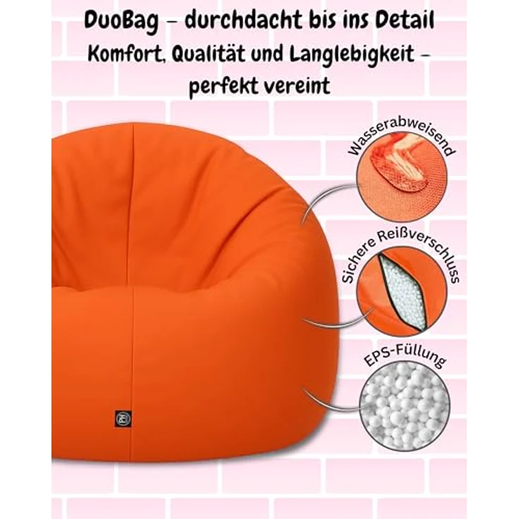 PATCH HOME 2-in-1 Sitzsack Sessel - Gaming Bean Bag mit Reißverschluss - Bereits befüllt, Ergonomisch & Robust für Kinder & Erwachsene - Indoor & Outdoor, Wetterfest (Orange, 155cm) – Bild 6