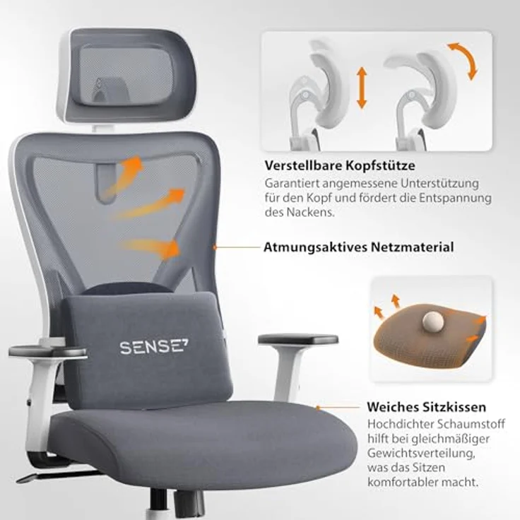 SENSE7 Tone Bürostuhl Ergonomisch, Schreibtischstuhl mit Dynamischer Lordosenstütze, Verstellbarer Kopfstütze, Atmungsaktivem Netzrücken, Komfortabler Office Chair für Büro, Home Office, Gaming – Bild 7