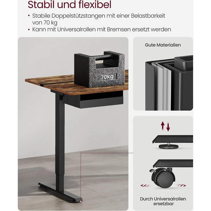 Vasagle Höhenverstellbarer Schreibtisch elektrisch, mit Steckdose und Schublade, stufenlos verstellbar, Memory-Funktion mit 4 Höhen, vintagebraun-schwarz, Tischoberfläche 60x120 cm – Bild 9