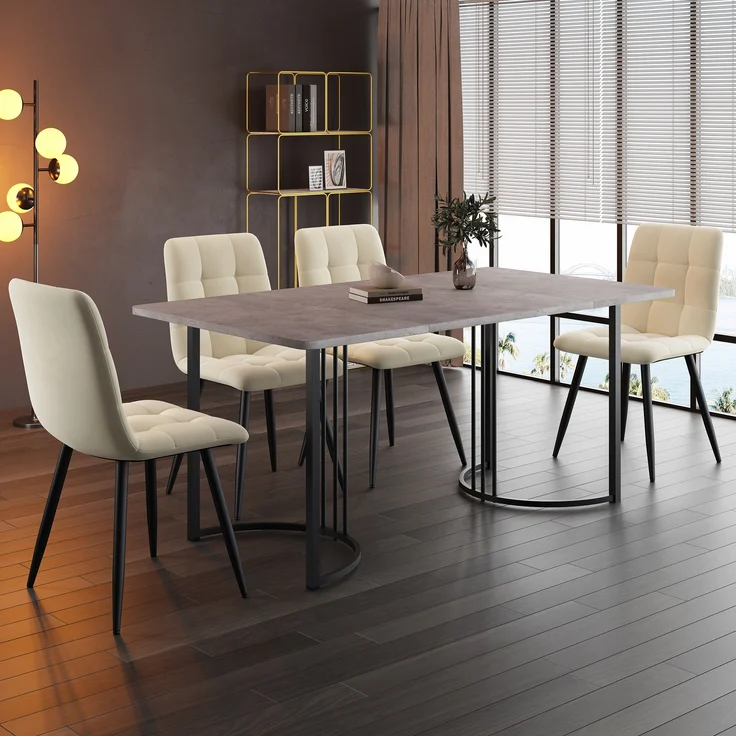 Essgruppe 5-tlg, Tisch marmorgrau/schwarz 140x80 cm, 4 Samtstühle beige – Bild 1