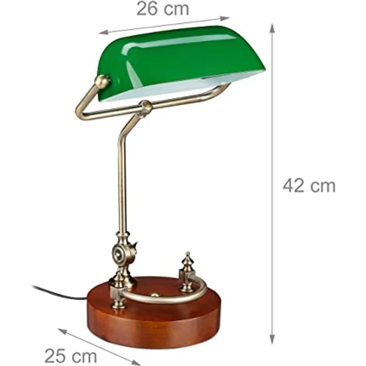 Relaxdays Bankerlampe, neigbarer Glasschirm, Holzfuß, E27-Fassung, retro, grün-braun – Bild 4
