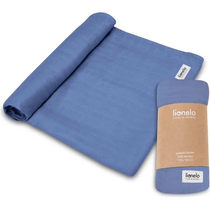 LIONELO Bamboo Swaddle Musselin Babywickel, Babydecke Aus 100% Natürlicher Bambusbaumwolle, Größe 120x120 cm, Mulltücher, Kinderdecke, Angenehmes und Weiches Material (Blue Denim)