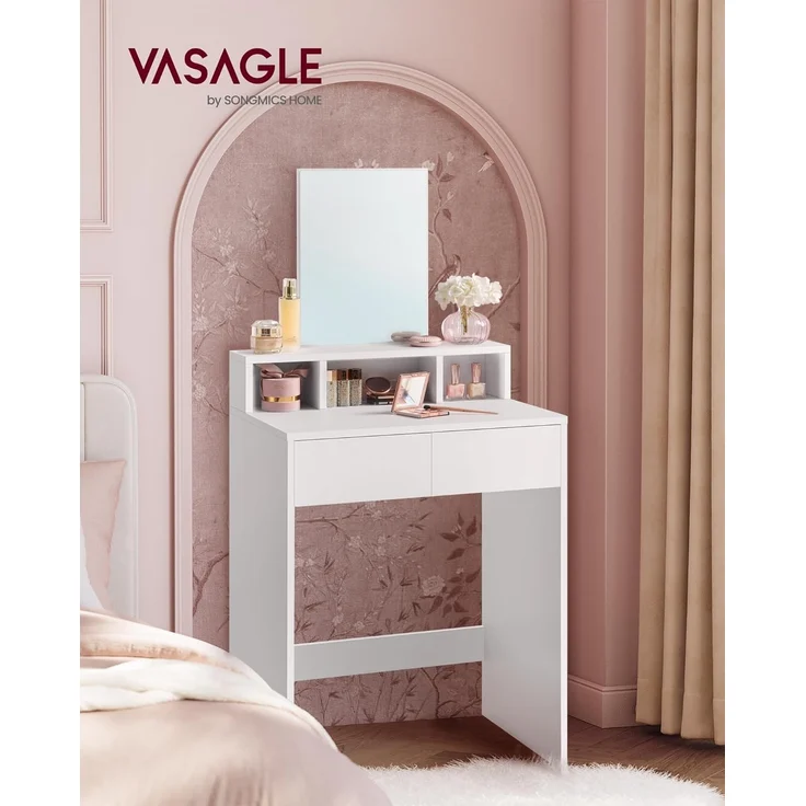 VASAGLE Schminktisch mit großem Spiegel, Frisiertisch, 2 Schubladen, 3 offene Fächer, Kosmetiktisch, modern, weiß RDT103W01 – Bild 2