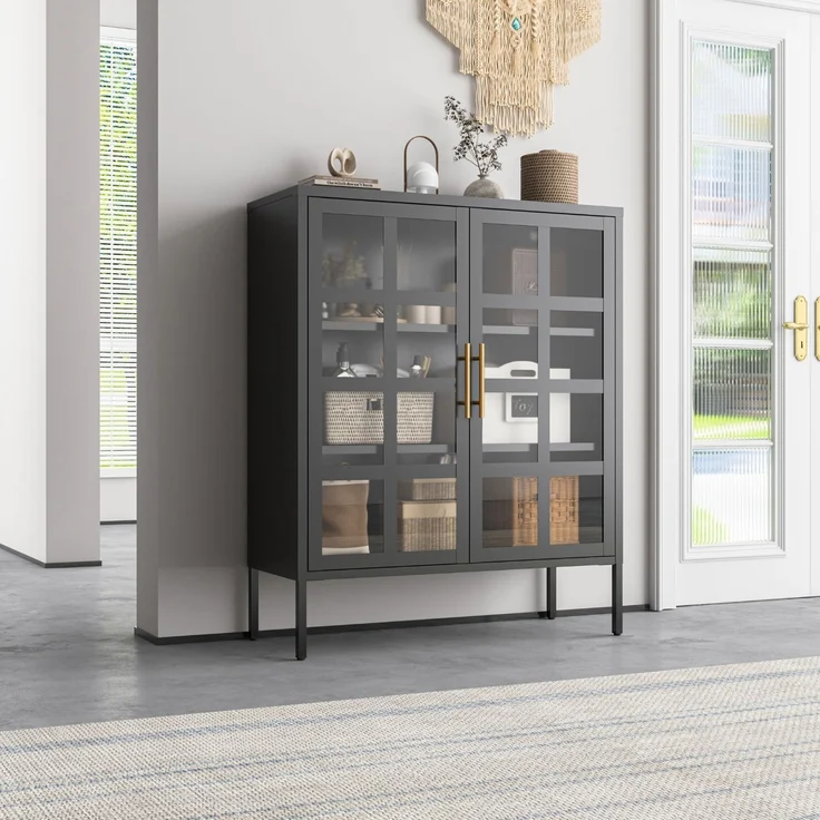 Mein-Regal Highboard Glasgow aus Metall Beistellschrank 2 Glastüren Schwarz – Bild 1