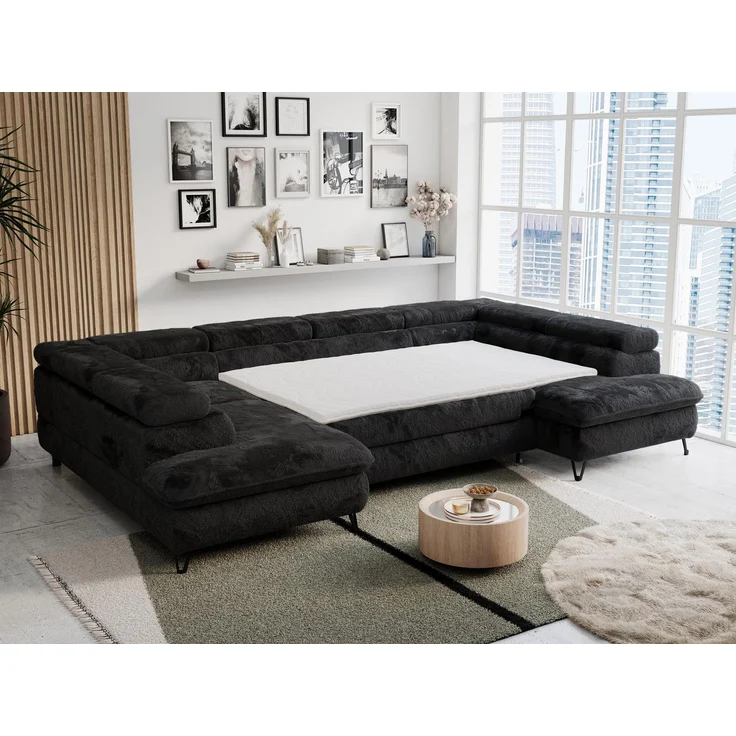 Ecksofa U-Form, mit Bettkasten, Bettfunktion und Einstellbare Kopfstützen, Sofa big XXL - PETER U - Schwarz Plüsch - Topper T25 – Bild 5
