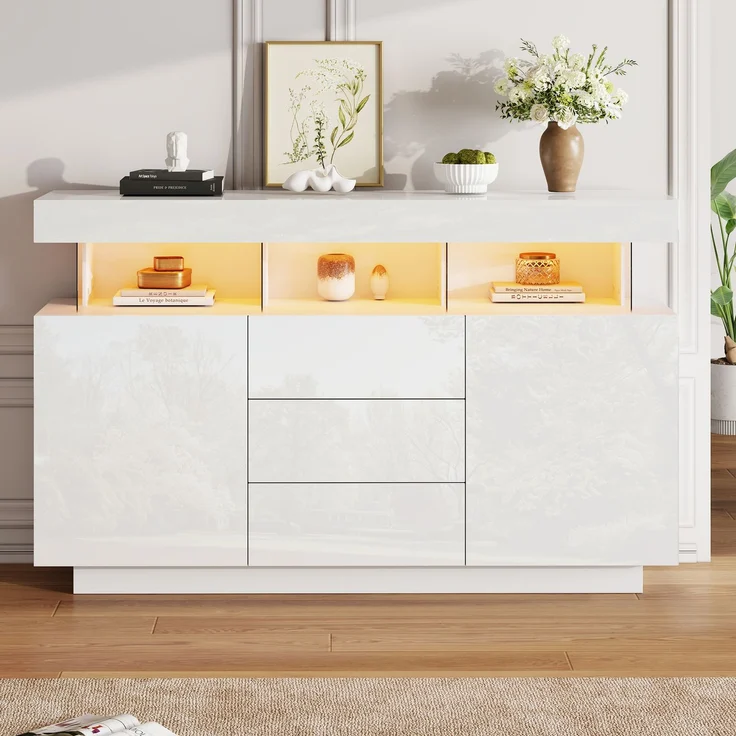 ZUBALIYA Sideboard 140x35x80 cm, mit LED-Beleuchtung, Hochglanz, aus Spanplatte, Weiß – Bild 4