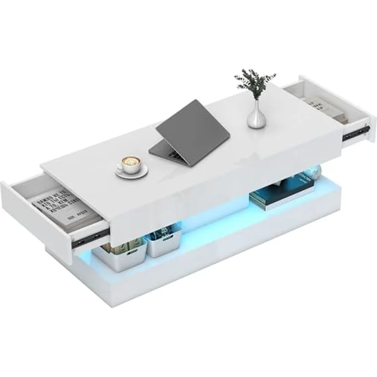 HOMCOM Couchtisch mit 12-Farbiger LED Beleuchtung, 2 Schublade, offenem Regal (Wohnzimmertisch, 1-St, Modern Beistelltisch), Kaffeetisch für Wohnzimmer 120 x 50 x 42 cm, Weiß – Bild 1