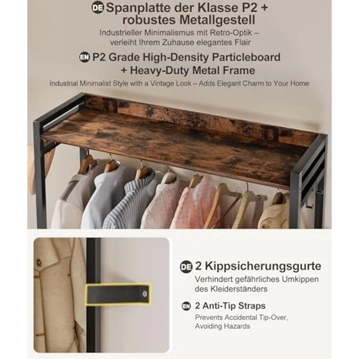 Yorbay Kleiderständer Garderobenständer mit 2 Schubladen & Aufbewahrungsbox,84x30x181 cm, 180kg Traglast,Retro Design für Schlafzimmer, Flur – Bild 5