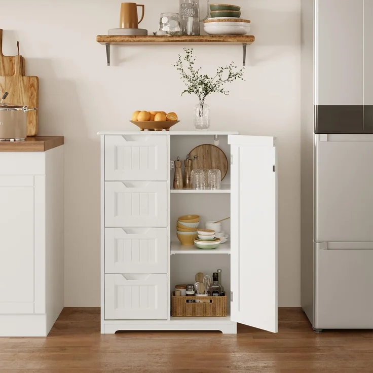 Bealife Badezimmerschrank Badschrank Schmal Beistellschrank mit 4 Schubladen Schranktür Verstellbare Trennwand Geeignet für Badezimmer Wohnzimmer Küche Flur – Bild 2
