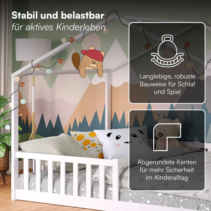 Bellabino 'Bia' Hausbett 140x200 cm, weiß, Kiefer Massivholz, Bodenbett in Hausoptik, Montessori Kinderbett mit Rausfallschutz und Lattenrost – Bild 7