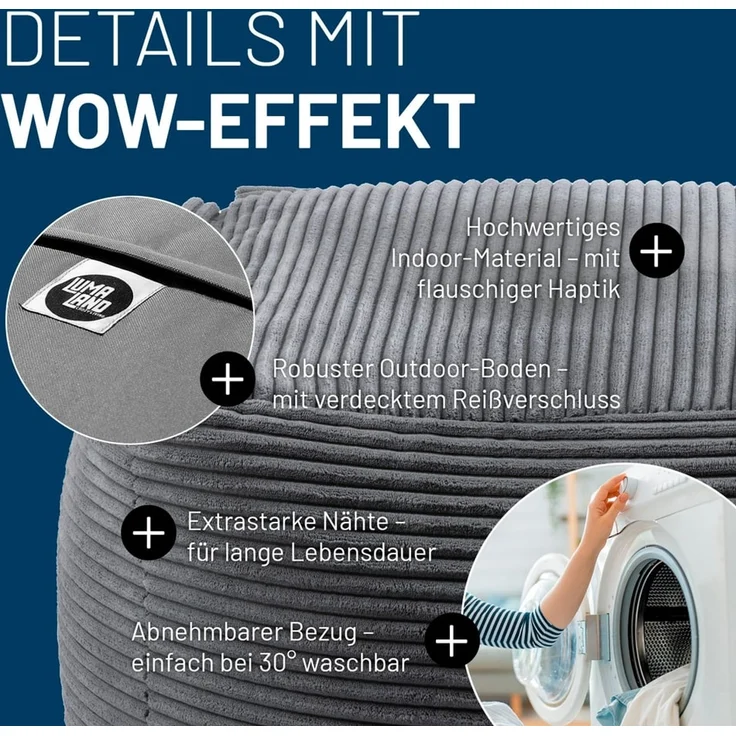 Lumaland Sitzsack-Sofa, Polyester, Pouf, Cord - Grau, 40 x 54 x 54 cm – Bild 6