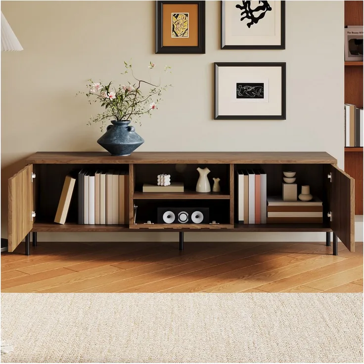 STILVORA Wohnzimmer-Set Lowboard mit Doppeltüren, 160 cm, Natur, vier Fächer, praktische Kabeldurchführungen, wellenförmige Türen, stabile Eisenbeine