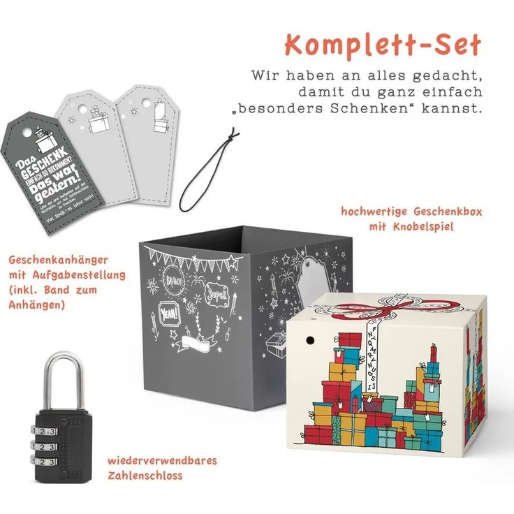 SURPRISA Geschenkbox Rätzel Geschenkbox, Geldgeschenk Verpackung & Gutschein Geschenk Box (inkl. 3-stelligem Zahlenschloss), Geschenkkarton Geschenkrätsel, 16,5 x 16,5 x 16,5 cm, farbig – Bild 2