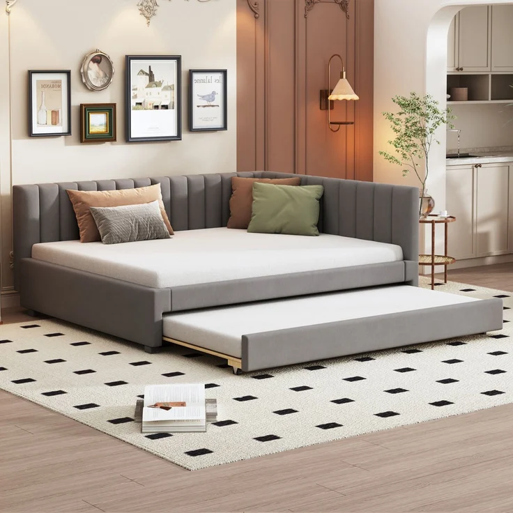 Merax Polsterbett 140*200, Ausziehbares Schlafsofa, Multifunktionsbett mit Lattenrost, Jugendbetten Kinderbetten Gästebetten, Samtstoff Grau – Bild 1
