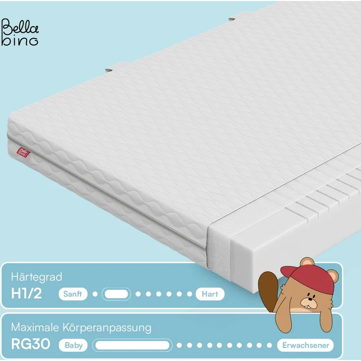 Bellabino 'Twist' wendbare Kinder- und Jugendmatratze 140x200 cm, 15 cm hoch, Härtegrad H1/H2, mitwachsende 7-Zonen Kaltschaummatratze, abnehmbarer Bezug, Matratze für Kinder 3-13 Jahre – Bild 2