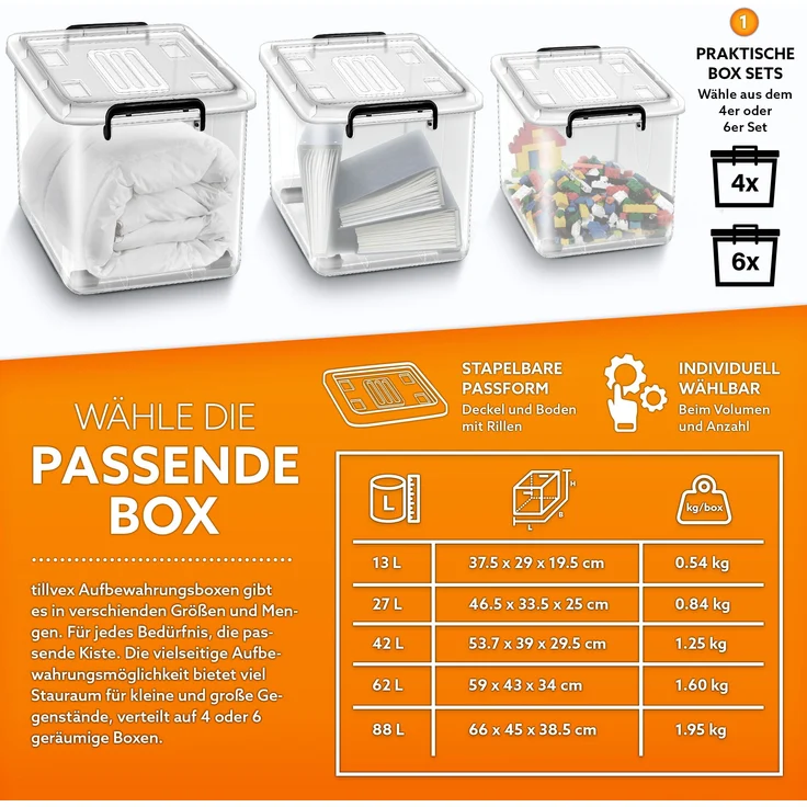 tillvex® Aufbewahrungsboxen mit Deckel 6er Set - 62L, lebensmittelecht | Kunststoff Boxen Set stapelbar | Aufbewahrung Ordnungssystem Box groß | Aufbewahrungsbox Kleiderboxen transparent 100% Neumaterial – Bild 4