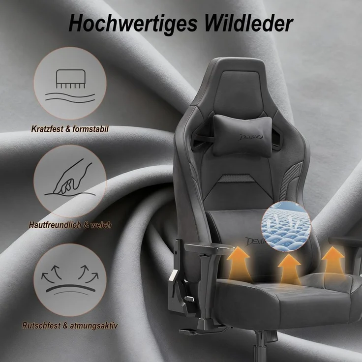 Devoko Gaming-Stuhl Luxuriöser Wildlederimitat,Ergonomisch & Großzügigem Sitz,Bürostuhl, Verstellbare Rückenlehne 90°–135°,3D-verstellbare Armlehnen – Bild 2