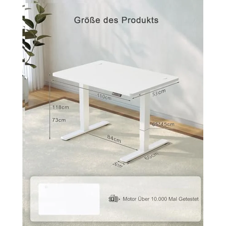 JUMMICO Höhenverstellbarer Schreibtisch mit USB-Ladeanschluss 110x53 cm, Schreibtisch Höhenverstellbar Elektrisch, Steh-Sitz Tisch Stehpult Verstellbarer Computertisch,Standing Desk, Weiß – Bild 3