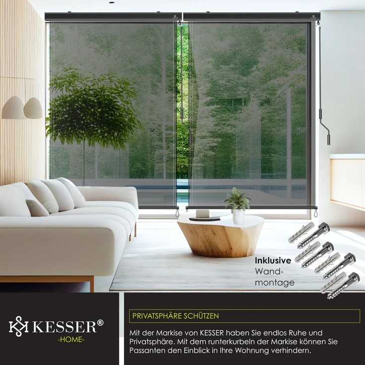 KESSER® Senkrechtmarkise Außenrollo Handkurbelmechanismus Balkonrollo Sonnen-und Sichtschutz, Beschattung Sonnenschutz Außen Rollo mit Kurbel Markisenkasten, Balkon und Terrasse 200x250 cm, Transparent / Anthrazit – Bild 5