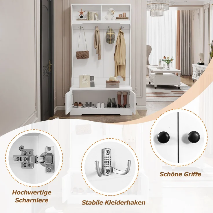 Schrank mit integrierter Sitzbank, Stauraum, Silent Soft-Close Türen, offenen Fächern und 4 Haken – Bild 6