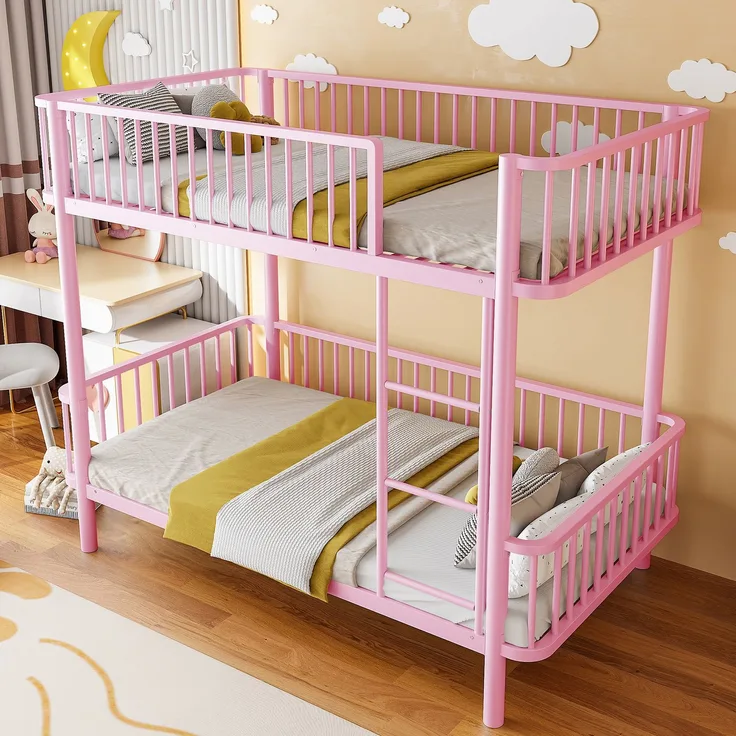 EINHOM Metall-Etagenbett 90 x 200 cm mit Abgerundeten Ecken, Erhöhten Beinen, Sicherheitsgeländer, Platzsparend, Schwarz, Rosa (Ohne Matratze)