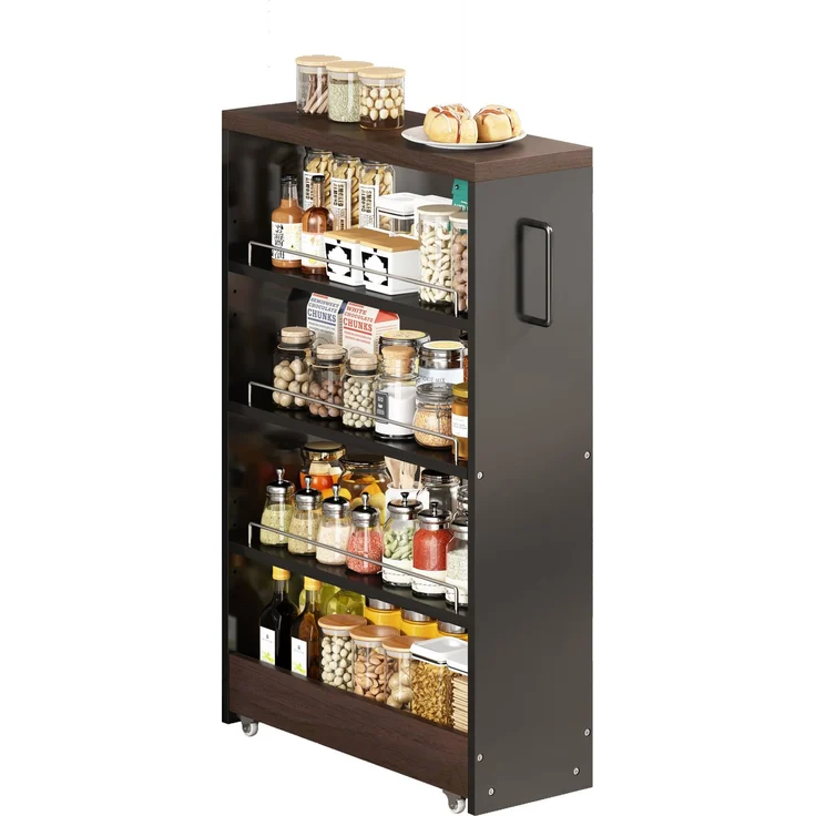 ZUBALIYA Nischenwagen 55 x 16 x 85 cm – 4 verstellbare Fachböden, 4 Lenkrollen, 25 mm Oberplatte, Geländer, MDF, Schwarz, Braun – Bild 9