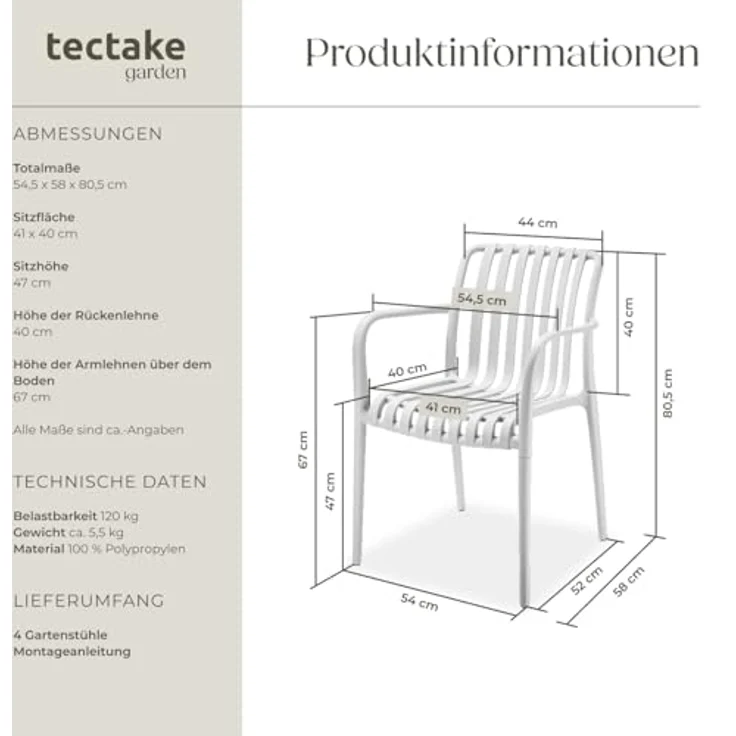 tectake® Gartenstühle stapelbar, Gartenmöbel Set, Balkon Möbel, Bistro Set, Sessel, Outdoor Möbel, Balkonmöbel, Terrassenmöbel - weiß, 4er Set – Bild 3