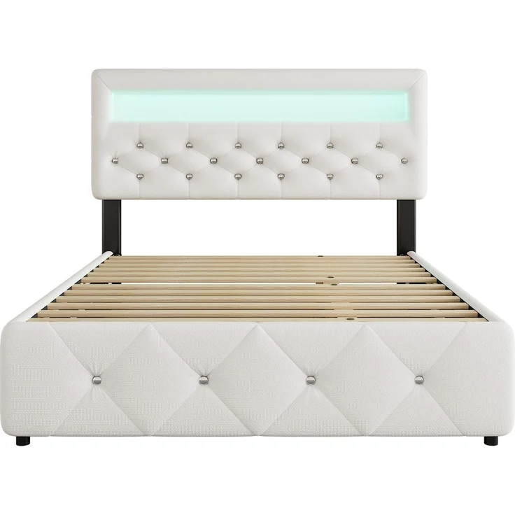 Polsterbett mit LED-Beleuchtung, Gästebett, Lattenrost und 2 Schubladen, 140x200 cm, Doppelbett mit Stauraum, Leinen, weiß – Bild 1
