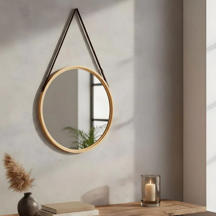 Levandeo® Wandspiegel, Wandspiegel 38cm Rund Bambus Holz Kunstleder Flurspiegel Wanddeko – Bild 5