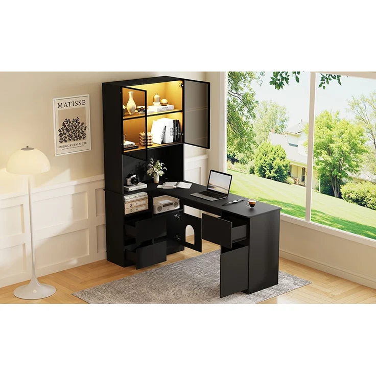 ZUBALIYA Eckschreibtisch mit Regal und LED-Vitrinenschrank 120×80×180 cm – Schreibtisch mit Kabeldurchlass, 3 Schubladen, 2 Türen, offenen Fächern,Ein Eckschreibtisch mit eingebautem Bücherregal,Schwarz – Bild 12