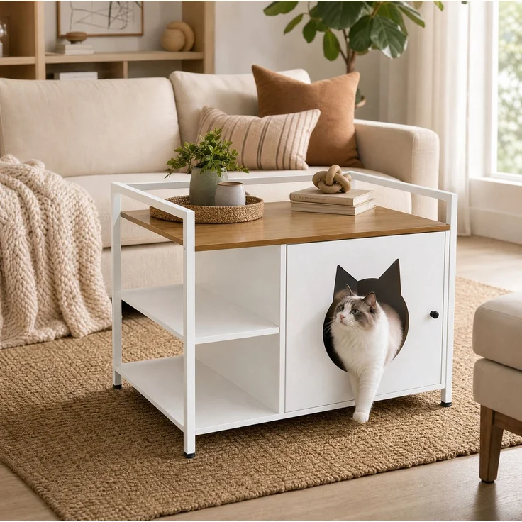 Katzentoilettenschrank mit Katzenhaus und 2 offenen Regalen, 76x54x59 cm, Weiß und helle Eiche – Bild 4