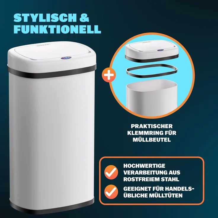 MONZANA® Mülleimer mit Sensor Küche 50L Weiß – Bild 7