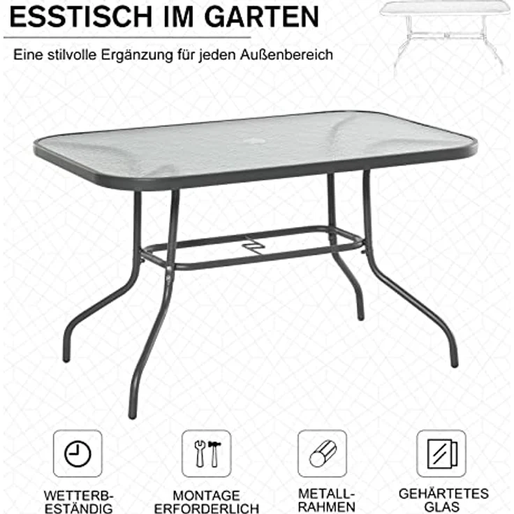 Outsunny Gartentisch, Grau, Metall mit gehärteter Glasplatte, 120x80x70 cm, inkl. Schirmöffnung – Bild 6