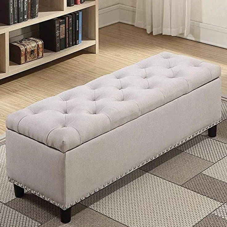 BAKAJI Sitztruhe, Sitzhocker, Fußhocker für Schlafzimmer, Hocker mit Holzrahmen, Bezug aus Stoff, Sitzfläche zum Öffnen, gepolstert, Farbe: Beige, Maße: 121 x 42 x 43 cm – Bild 5
